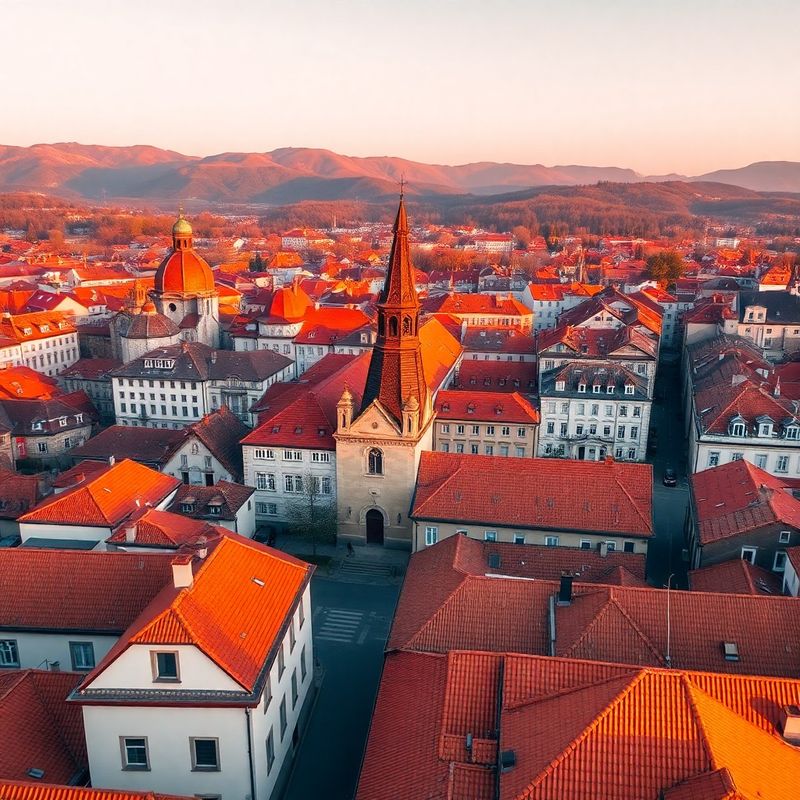 Vedere aeriană a centrului Brașovului în lumină de toamnă, cu acoperișuri de teracotă și Carpați în fundal