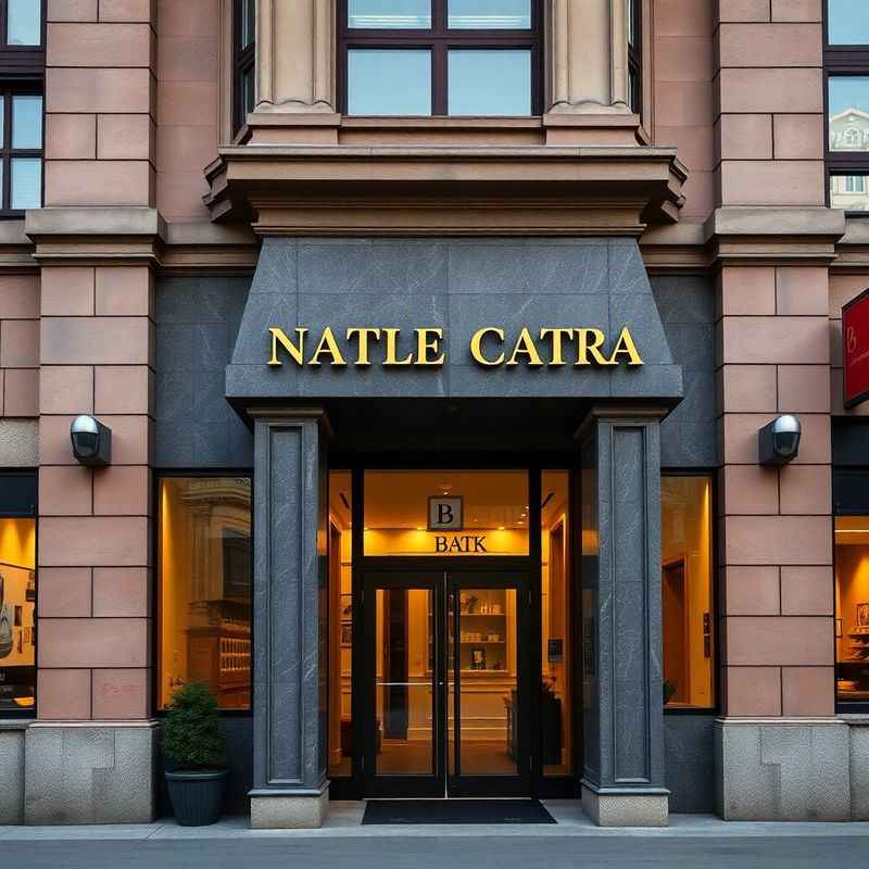 Intrarea unei clădiri elegante din centrul Brașovului cu fațadă de piatră cărbune și semnătură discretă aurie