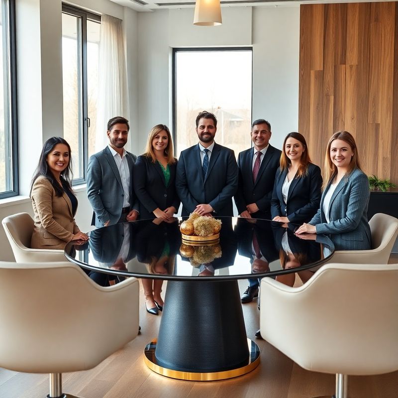 Cinci consultanți financiari adunați în jurul unei mese de conferință cu accente cărbune și aur