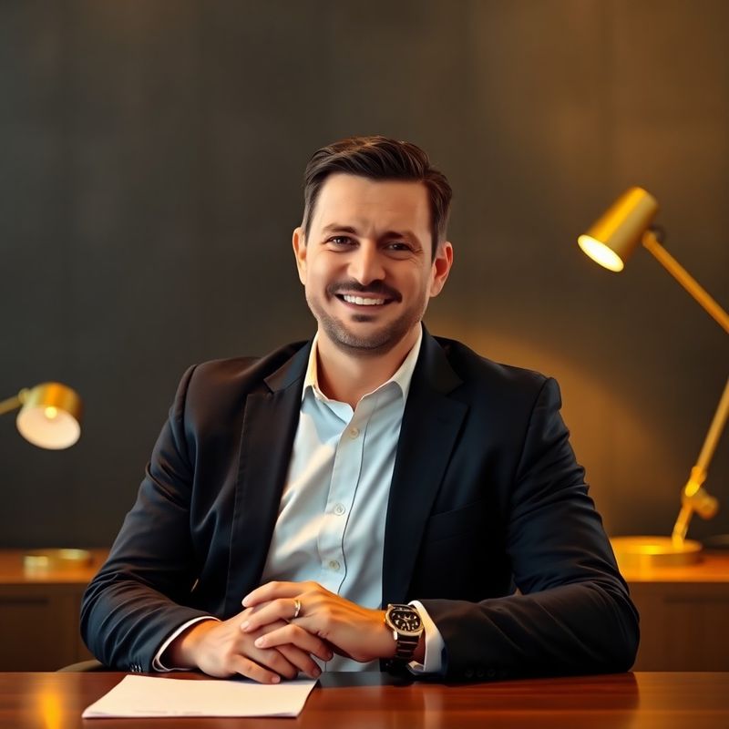 Portret editorial al unui consultant financiar la birou cu fundal cărbune și lampă aurie